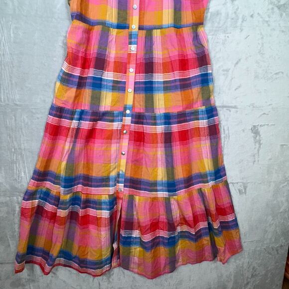 Evereve Dress L Sofia Boho Multicolor Plaid Tiered Button Midi Spaghetti Straps - Picture 5 of 10